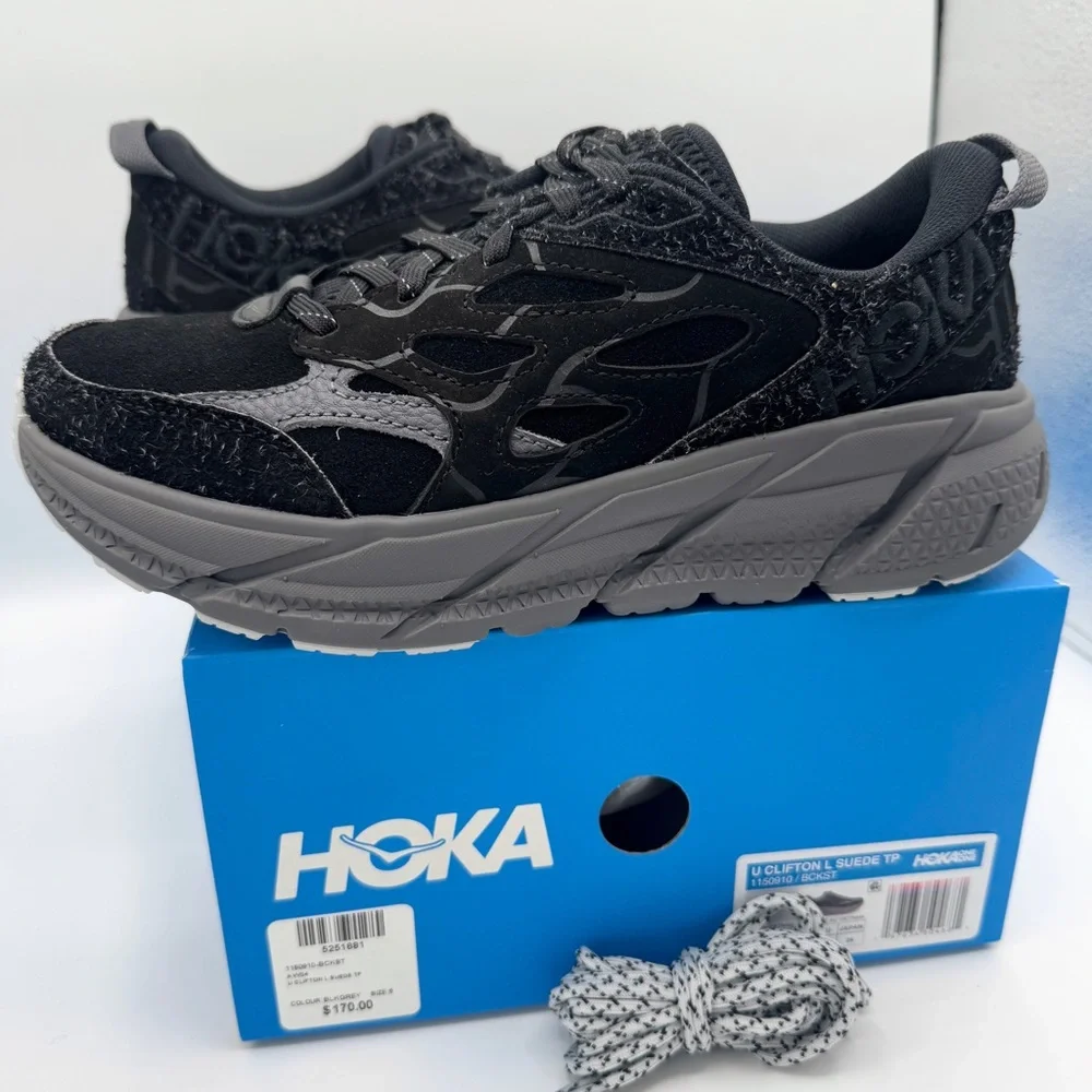 NWT Hoka Clifton Elite Terrain System L Suede Leather All Black Unisex Sneakers - Picture 3 of 16